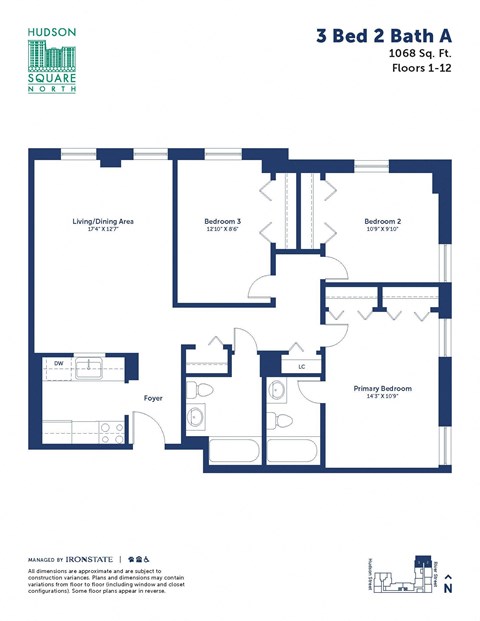 Floor plan for 3 beds, 2 baths, 1068 sqft